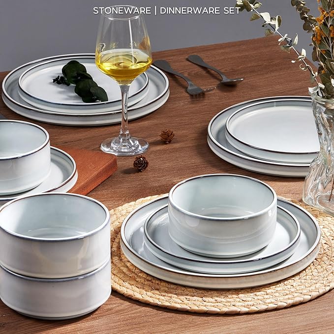 Onader Dinnerware Dishes Sets for 8, Stoneware Plates and Bowls with Unglazed Terracotta Bottom, Ceramic Kitchen Dinner Dish Set, 24 Piece - Glacier White