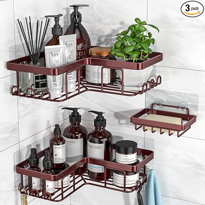 YASONIC Corner Shower Caddy, 3-Pack Adhesive Shower Caddy with Soap Holder and 12 Hooks, Rustproof Stainless Steel, No Drilling Wall Mounted Rack Organizer, for Bathroom, Bronze