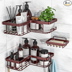YASONIC Corner Shower Caddy, 3-Pack Adhesive Shower Caddy with Soap Holder and 12 Hooks, Rustproof Stainless Steel, No Drilling Wall Mounted Rack Organizer, for Bathroom, Bronze