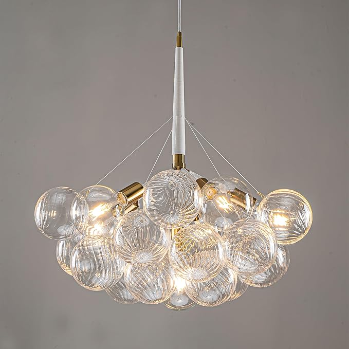 White Gold Bubble Ball Chandelier 6-Light Dia 24 Inch Mid-Century Blown Glass Light Fixtures Swirled Clear Globe Chandeliers Lighting Pendant for Dining Living Room Entryway Island