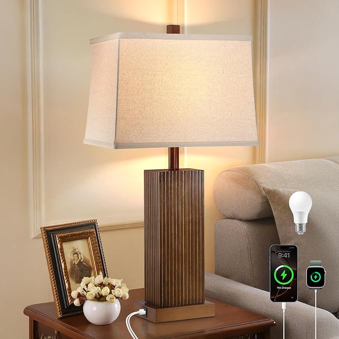 27.5" Wood Table Lamp, Modern Farmhouse Bedroom Lamp for Nightstand with USB Charging Port, Natural Wooden Base Table Lamp for Living Room Bedroom, Bulb Included (Walnut Wood)