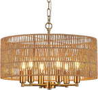 20" Hand-Woven Rattan Chandelier 6-Light Vintage Farmhouse Boho Bamboo Golden Chandelier Light Fixture Retro Drum Wicker Gold Chandeliers for Dining Room, Kitchen, Living Room, E12