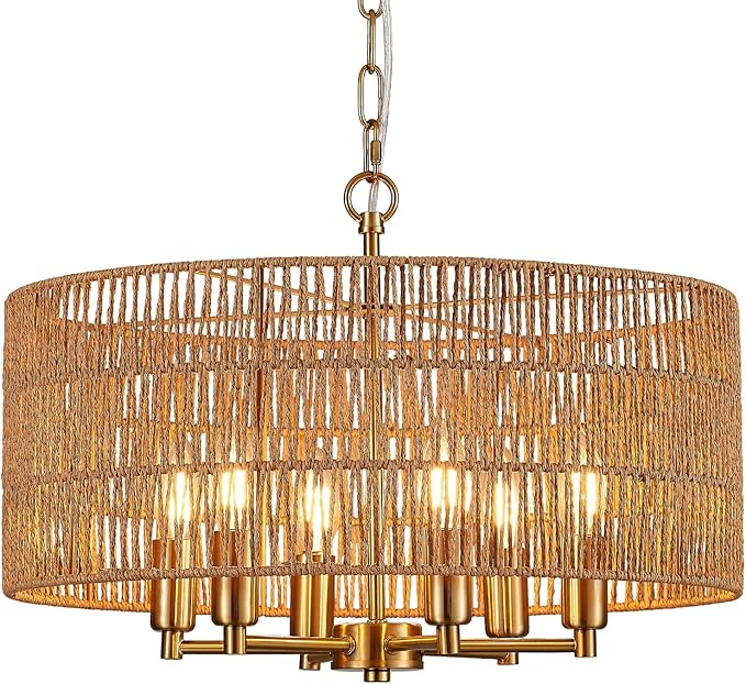 20" Hand-Woven Rattan Chandelier 6-Light Vintage Farmhouse Boho Bamboo Golden Chandelier Light Fixture Retro Drum Wicker Gold Chandeliers for Dining Room, Kitchen, Living Room, E12