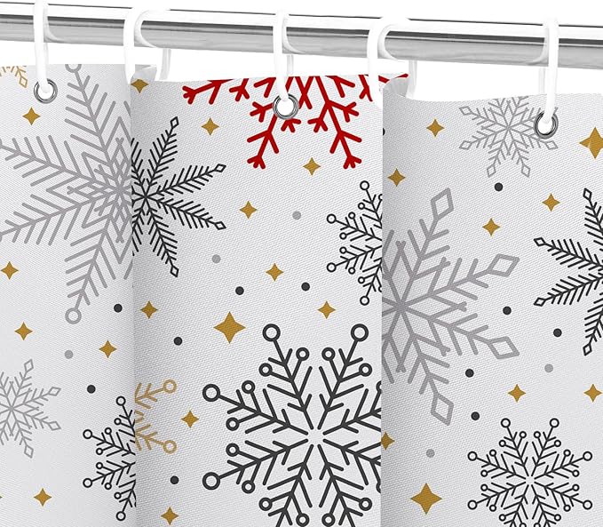 Winter Snowflakes Shower Curtain for Christmas Bathroom Decorations, Cute Xmas Snowflake Red Grey White Golden Shower Curtain Set, Fabric Silver Glitter Sparkle Merry Xmas Holiday Shower Curtain 72X72