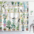 Green Potted Plant Shower Curtain Cactus Leaf Floral Black Cat Shower Curtains for Bathroom Waterproof Polyester Fabric Bathroom Curtain 72 x 72 Inch with 12 Plastic Hooks