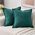 HAUSSY Teal Throw Pillow Covers 20x20 Inch Set of 2,Soft Solid Corduroy Striped/Wide Bordered,Square Decorative Cushion Case,Spring Home Decorations for Couch,Bed