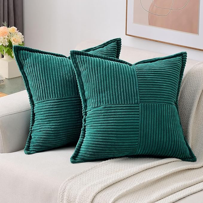 HAUSSY Teal Throw Pillow Covers 20x20 Inch Set of 2,Soft Solid Corduroy Striped/Wide Bordered,Square Decorative Cushion Case,Spring Home Decorations for Couch,Bed