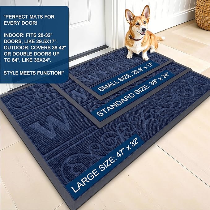 OLANLY Welcome Door Mat Indoor Outdoor Entrance, Heavy Duty Sturdy Front Door Mat, Waterproof All-Weather Doormat, Stain Resistant, Low Profile, Easy Clean Patio Entryway Mat, 29.5 x 17, Navy