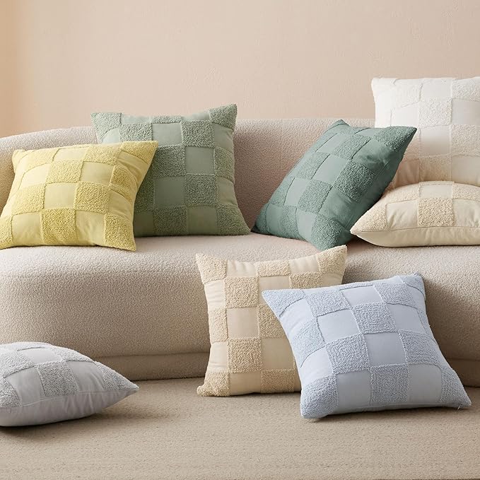 Double Stitch Checkered Throw Pillow Covers - 100% Cotton Set of 2 Tufted Boho Decorative Pillow Covers 20x20, Made in India, Square Cushion Case, Modern Home Decor for Couch, Sofa, Arctic Blue