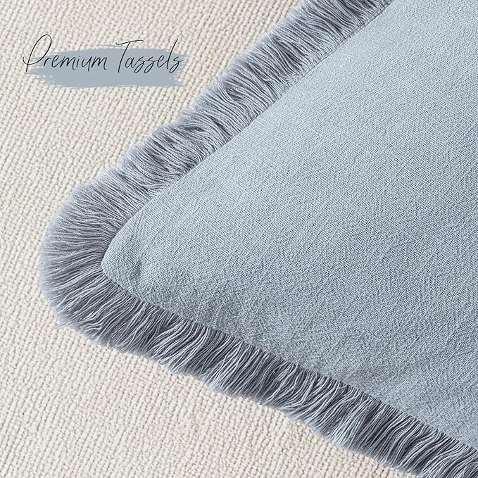Woaboy Decorative Linen Fringe Throw Pillow Covers Boho Farmhouse Soft Cushion Covers Accent Pillowcases with Tassels for Living Room Couch Sofa Bed Chair,18x18 Inch Set of 2,Coastal Blue