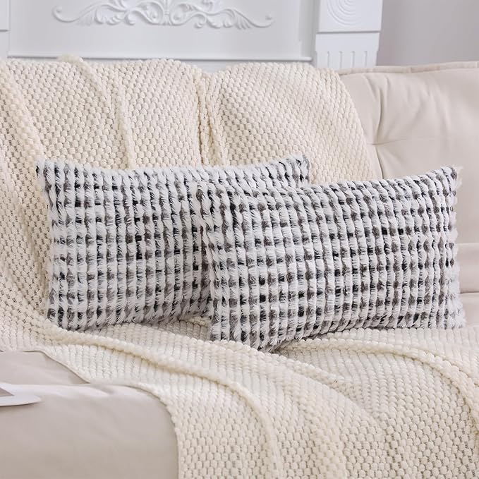LUOYEHK Boho Throw Pillow Covers 12x20 Inch Set of 2 Chenille Tufted Pillowcase Farmhouse Neutral Cushion Covers for Couch Sofa Bed Living Room, Black Gray