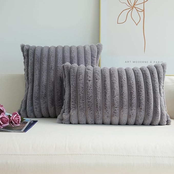 JOJUSIS Pack of 2 Faux Fur Plush Decorative Throw Pillow Covers Couch Cushion Case Soft Pillowcases (Grey, 16 x 16-Inch)