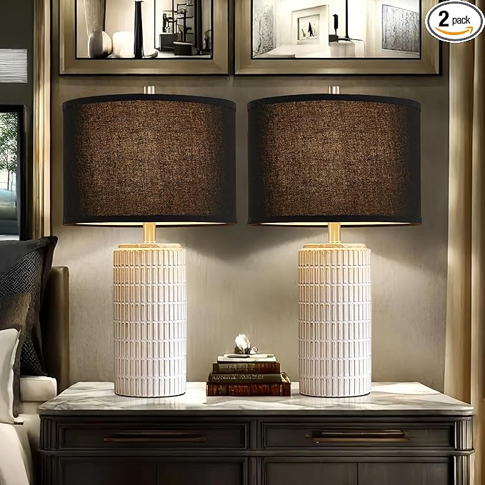 23'' Set of 2 Modern Ceramic Table Lamps, Minimalist Bedside Lamp, Rustic Nightstand End Table Lamp for Bedroom, Living Room, Study Room, Office, 2 LED Bulbs Included (Black)