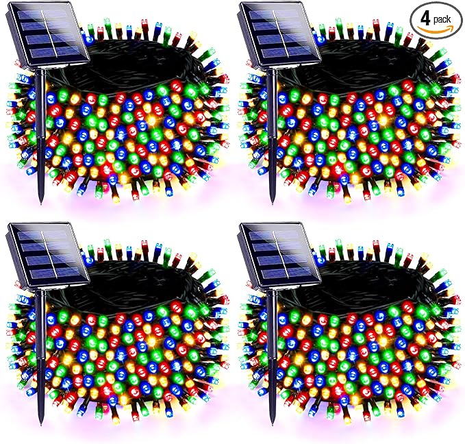4 Pack 180FT Solar Christmas Lights Outdoor Waterproof, Super Bright 320 LED Solar String Lights with 8 Lighting Modes, Green Wire Twinkle Tree Light for Outside Xmas Party Decorations (Multi-Colored)