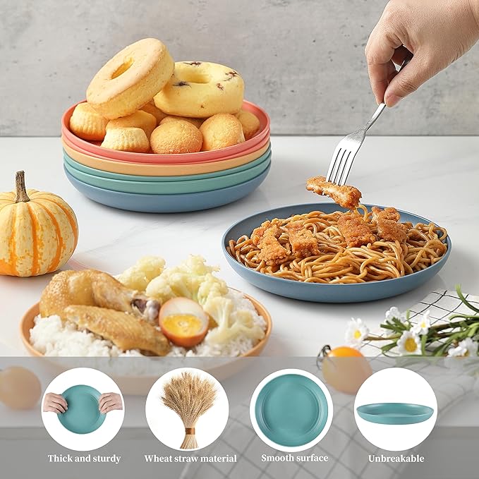 8 PCS Wheat Straw Plates, Kaloo 7.7 Inch Melamine Reusable Plastic Unbreakable Dinner Plates for kitchen, Dishwasher & Microwave Safe (4 colors)
