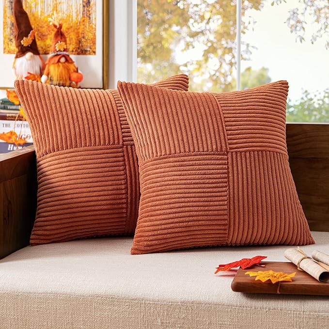 MIULEE Fall Rust Corduroy Pillow Covers Pack of 2 Boho Decorative Spliced Throw Pillows Soft Cross Patchwork Textured Covers Pillowcases Home Decor for Couch Living Room Bed Sofa 24x24 inch