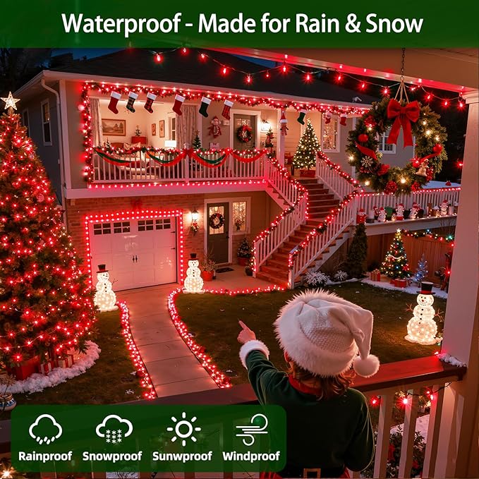 300LED Chrstmas Lights, 75ft Indoor Outdoor Christmas String Lights with 12 Modes, Red Christmastree Lights with Timer Dimmable Connectable for Fence Garden Xmas Wedding Party Decor Red