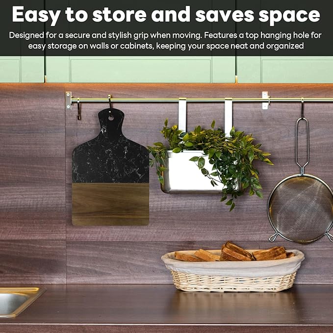 Marble Cutting Board, Charcuterie Board with Handle, Marble and Acacia Tray for steak, cheese, hamburgers and biscuits, Great for gifts (black)