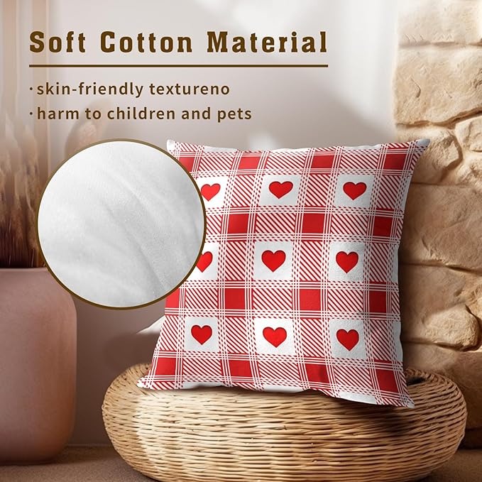 Love Theme Pillow Covers 22x22 Inch, Set of 2 Red White Checkered Romantic Accents Holiday Cotton Square Pillowcases for Sofa Couch Bedroom Living Room Car Home Decor