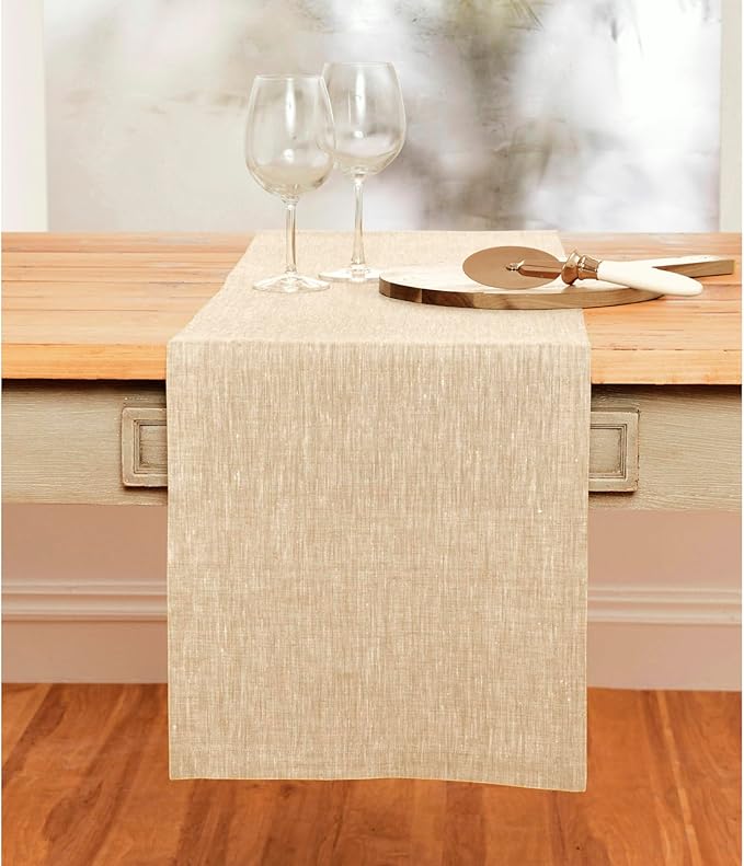 Solino Home Linen Short Table Runner 48 Inches - Athena, 100% Pure Linen Champagne Beige Table Runner 14 x 48 Inch Ideal for Dresser and Coffee Tables - Fall, Halloween, Thanksgiving, Christmas