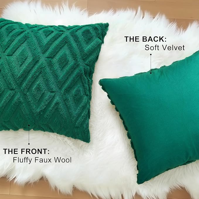 decorUhome Christmas Couch Throw Pillow Covers 24x24 Set of 2, Decorative Soft Plush Faux Wool Neutral Accent Pillow Covers for Bed Sofa Living Room, Green