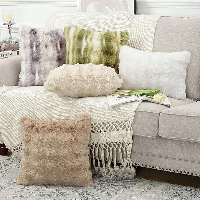 MADIZZ Pack of 2 Thick Plush Wool Throw Pillow Covers 24x24 Inch Grey Taupe Soft Neutral Decorative Throw Pillows Accent Boho Cushion Covers for Couch Sofa Bedroom Pillow Shell