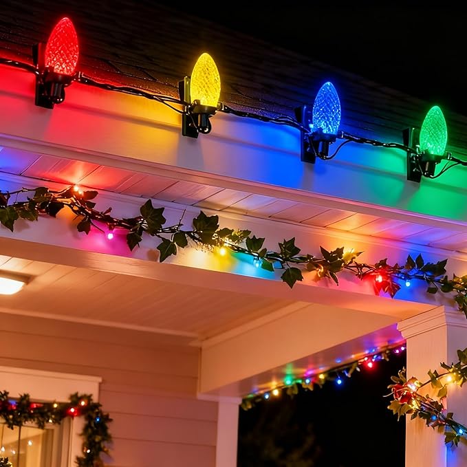 Dazzle Bright C9 Christmas String Lights, 100 LED 66 FT Waterproof Connectable Fairy Lights with 100 Spring Clips Timer, Christmas Decoration for Outdoor Roofline Home Garden Yard Tree (Multi-Colored)