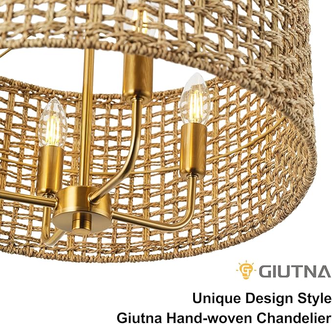 Rattan Drum Chandeliers for Dining Room, 4-Light Bohemian Hand-Woven Farmhouse Pendant Light Dining Room Light Fixture Chandelier for Entryway Living Room Kitchen Stairway Bedroom Hallway(Gold)