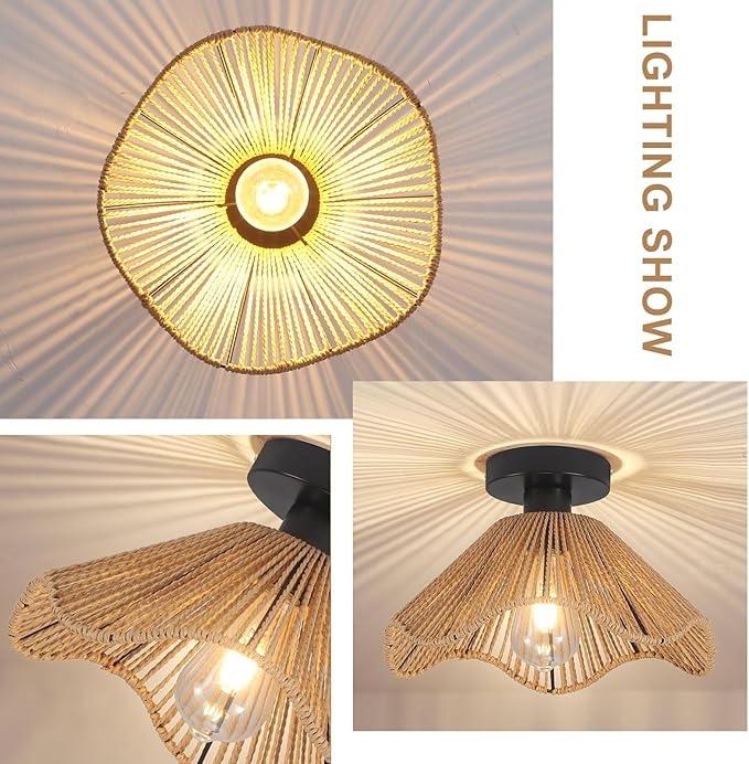 Boho Rattan Ceiling Light Fixture, Mini Rattan Chandelier Lighting Fixture, Hand Woven Ceiling Light Fixtures for Hallway Bedroom Kitchen Entryway Living Room (Light Brown)
