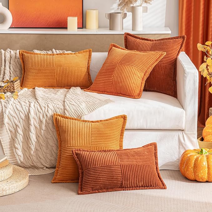 MIULEE Orange Fall Decorative Lumbar Throw Pillow Covers for Couch Bed Livingroom 12x20 Inch Set of 2 Boho Accent Throw Pllows Broadside Striped Patchwork Soft Corduroy Pillowcases