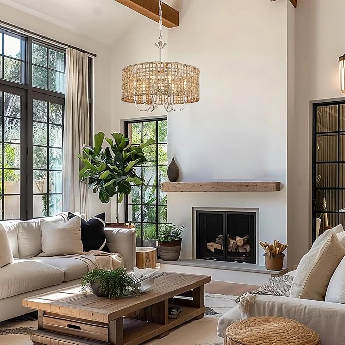 LynPon 17.7" Brushed Nickel Boho Rattan Chandeliers for Dining Room, 6-Light Seagrass Pendant Light Fixtures with Hand Woven Wicker Shade, Farmhouse Drum Chandelier for Living Room Kitchen Hallway