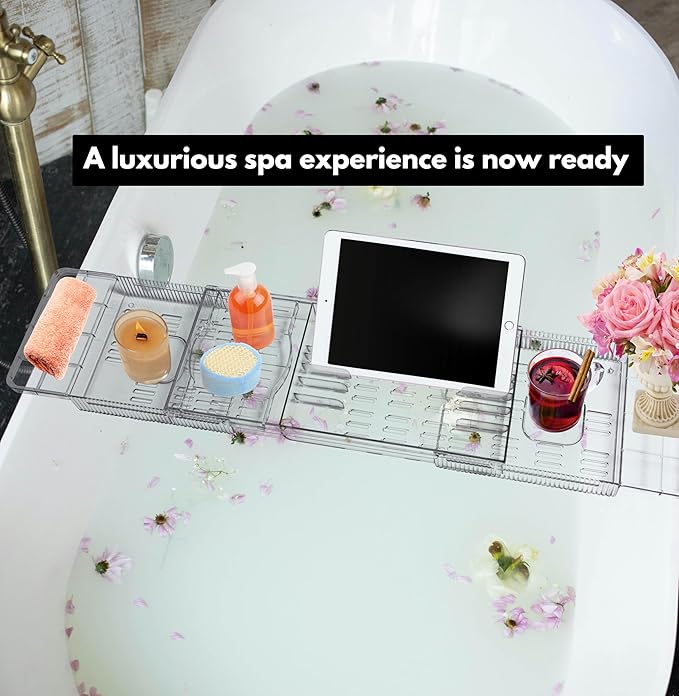 Expandable Bathtub Tray for Tub, Clear & Easy Maintenance Acrylic Material, Bath Organizer for Relaxing Spa, Fits Most Bathtubs and Bathroom Décor Style, Bath Tub Caddy Tray for Women