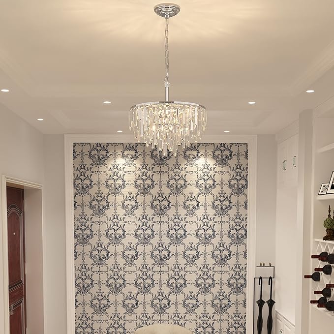 Chrome Crystal Chandeliers for Dining Room, 18" Modern Round Chandelier 4-Tier 6 Lights Dimmable Luxury Ceiling Light Fixture K9 Raindrop Crystal Pendant Lamp for Living Room Bedroom Foyer