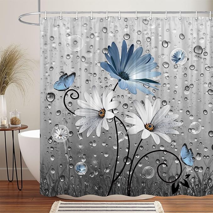 Rustic Farmhouse Blue Floral Shower Curtain, Farm Daisy Flowers and Butterfly Shower Curtain for Bathroom, Country Blue Gray Fabric Boho Shower Curtain Set with 12PCS Hooks, 70X70IN
