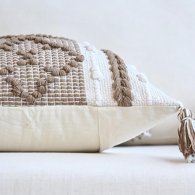 Boho Brown Decorative Pillow Cover with Cording and Tassels Handmade Accent Woven Textured Square Throw Pillow Case for Couch Sofa Farmhouse Living Room Home Decor 18"x18"