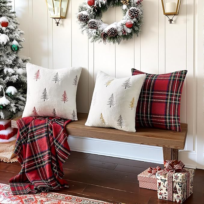 MIULEE Christmas Decorative Pillow Covers Set of 2 Faux Fur Throw Pillows with Embroidered Christmas Tree 18x18 Inch White Red Winter Couch Covers for Festival Sofa Bedroom Living Room Home Decor