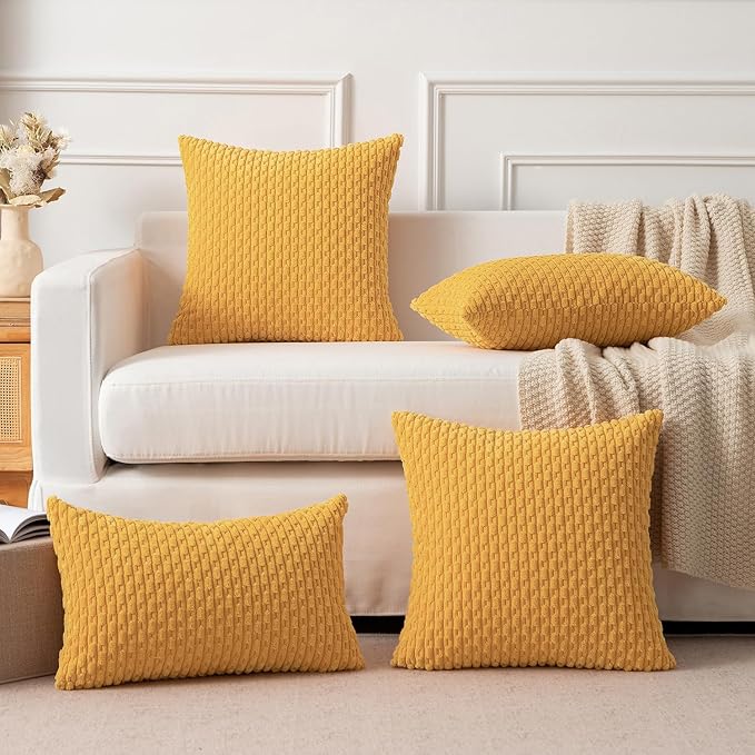 Kevin Textile Pack of 2 Velvet Pillow Covers Striped Throw Cushion Case Set Accent Corduroy Lumbar Pillowcases with Hidden Zipper for Home Decor Indoor Outdoor (12x20 Inch Yellow)