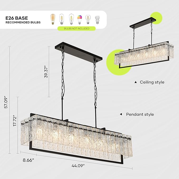 Modern Rectangle Black Crystal Chandeliers for Dining Room, 6 Lights 44" Large Rectangular Water Ripple Glass Kitchen Island Light Fixture, Linear Farmhouse Pendant Light Fixture Over Table