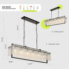 Modern Rectangle Black Crystal Chandeliers for Dining Room, 6 Lights 44" Large Rectangular Water Ripple Glass Kitchen Island Light Fixture, Linear Farmhouse Pendant Light Fixture Over Table