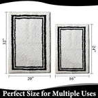 Tititex Luxury White Black Frame Line Bathroom Rug, 20x32 inch + 16x24 inch 2 pcs Extra Soft and Absorbent Microfiber, Non-Slip Plush Shaggy Bath Carpet, Mats for Floor, Tub and Shower