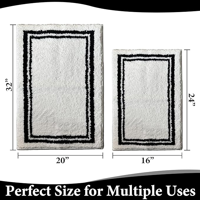Tititex Luxury White Black Frame Line Bathroom Rug, 20x32 inch + 16x24 inch 2 pcs Extra Soft and Absorbent Microfiber, Non-Slip Plush Shaggy Bath Carpet, Mats for Floor, Tub and Shower