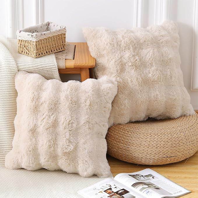MADIZZ Pack of 2 Thick Plush Wool Throw Pillow Covers 16x16 Inch Beige Soft Neutral Decorative Throw Pillows Accent Boho Cushion Covers for Couch Sofa Bedroom Pillow Shell
