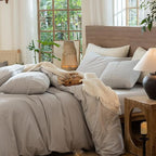 MooMee Wavy Striped Duvet Cover Set 100% Washed Cotton Linen Like Textured Breathable Durable Soft Comfy (Light Grey, Queen 90"x90")