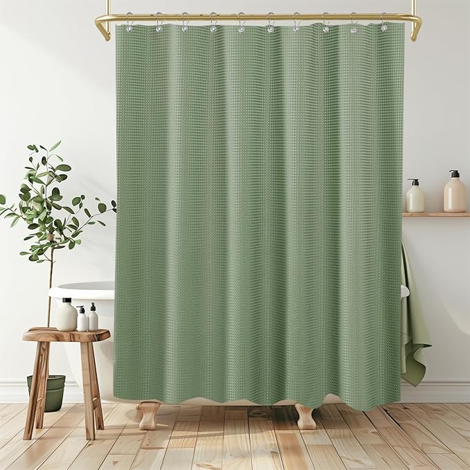 Boho Shower Curtain Set, Waterproof Fabric Shower Curtains, Luxury Hotel Style, Waffle Texture, Heavy Duty, Extra Long Bath Curtain, No Hook, Bathroom Decor, 72x60 Inch, SageGreen