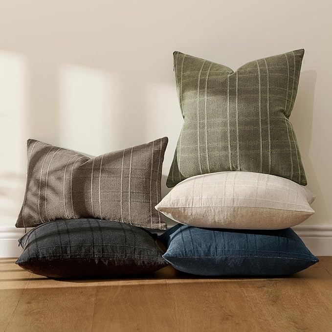 MIULEE Decorative Linen Check Euro Shams Throw Pillow Covers Neutral Farmhouse Vintage Pillow Covers 24x24 Set of 2 Boho Modern Home Decor for Sofa Couch Bedroom Cushion Sage Green