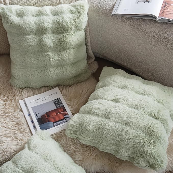 Neelvin Green Faux Fur Cozy Soft Double-Sided Decorative Throw Pillow Covers 24x24 inch Set of 2,Velvet Pillowcase Cushion Case for Sofa Couch