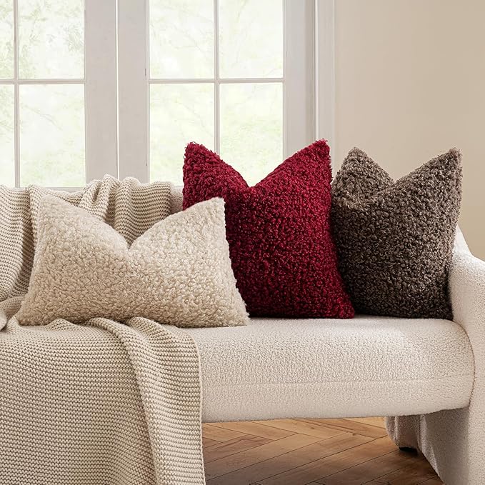 MIULEE Pack of 2 Red Faux Fur Christmas Throw Pillow Covers 18x18 Inch Boucle Decorative Sherpa Pillow Covers Fuzzy Accent Soft Sheepskin Fleece for Boho Home Decor Sofa Living Room Couch Bed
