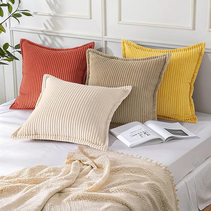 Mecatny Corduroy Throw Pillow Covers 12x20 Set of 2, Neutral Decorative Soft Boho Lumbar Couch Pillow Covers with Broadside for Sofa Living Room, Beige
