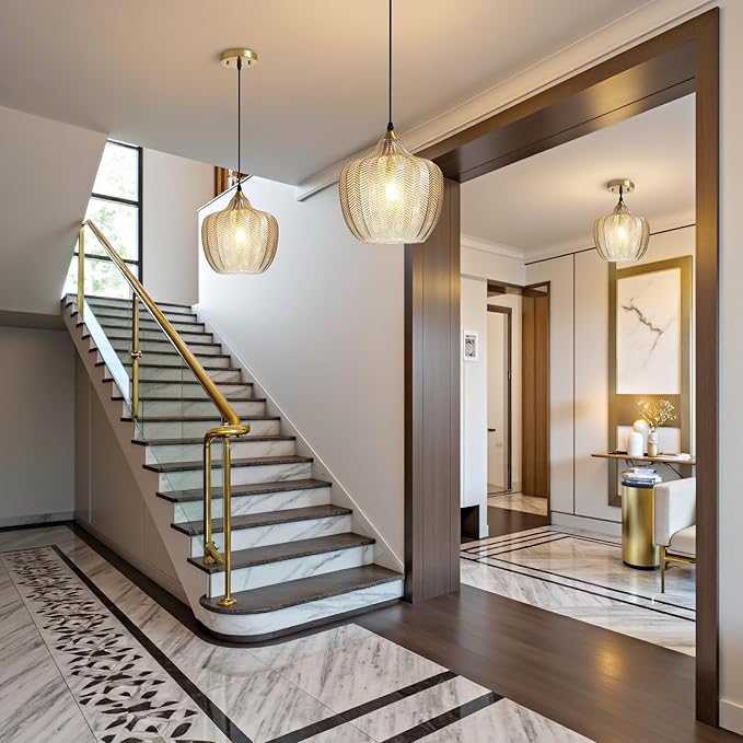 Modern Gold Pendant Light, Amber Glass Farmhouse Kitchen Island Pendant Light Fixture Adjustable Vintage Hanging Ceiling Light for Dining Room Corridor Bedroom 9.45 inch