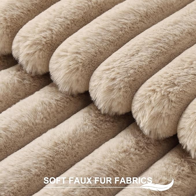 Pallene Faux Fur Plush Throw Pillow Covers 24x24 Set of 2, Luxury Soft Fluffy Striped Decorative Pillow Covers for Sofa, Couch, Living Room, Khaki